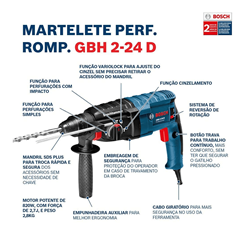 Martelete Perfurador Com Sds Plus Maleta Gbh2-24d Professional 820w 220v - 06112a02e0-000 - Bosch