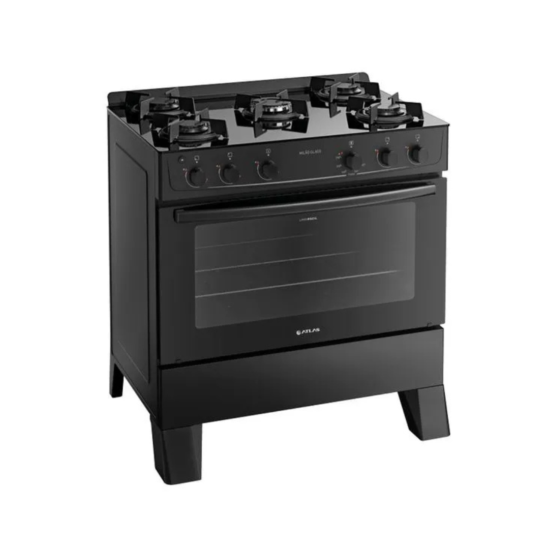 Fogão 5 Bocas Preto Com Mesa De Vidro Milão Glass Bivolt - Atlas - 300001768