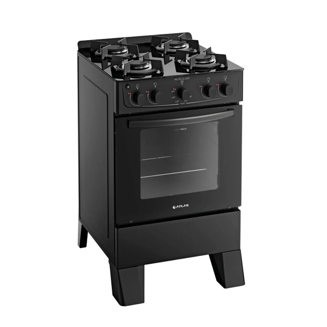 Fogão 4 Bocas Preto Com Mesa De Vidro Milão Glass Bivolt - Atlas - 300001766