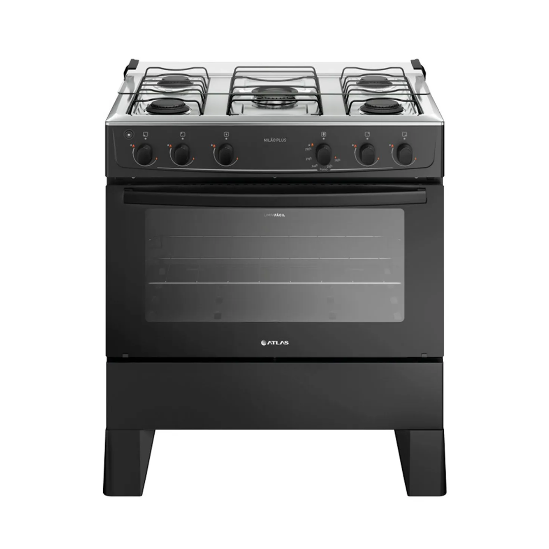 Fogão 5 Bocas Preto Com Mesa De Inox  Milão Plus Bivolt - Atlas - 300001773