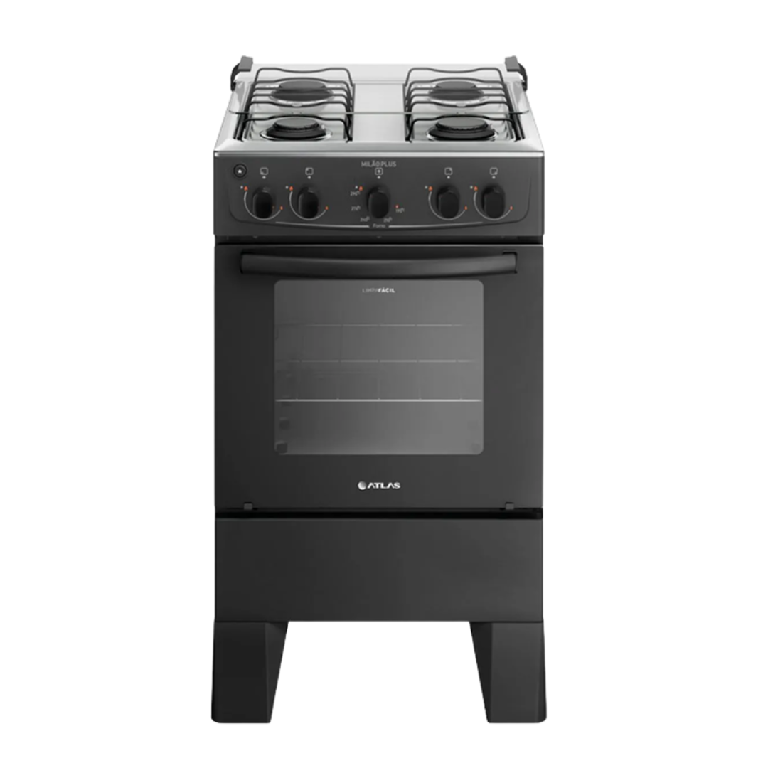 Fogão 4 Bocas Preto Com Mesa Em Inox Milão Plus Bivolt - Atlas - 300001771