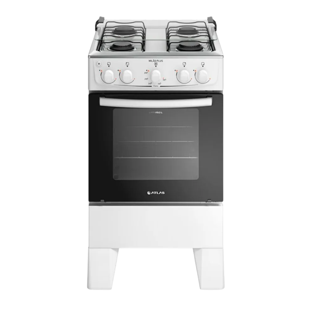 Fogão 4 Bocas Branco Com Mesa Em Inox Milão Plus Bivolt - Atlas - 300001770