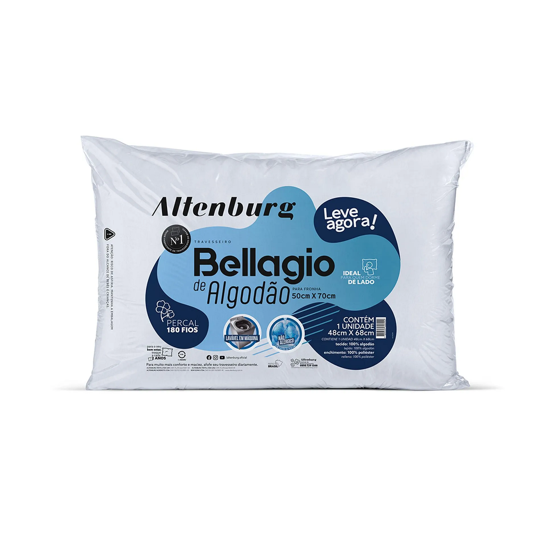 Travesseiro Bellagio De Algodão 48x68cm 180 Fios Branco 1100 - Altenburg