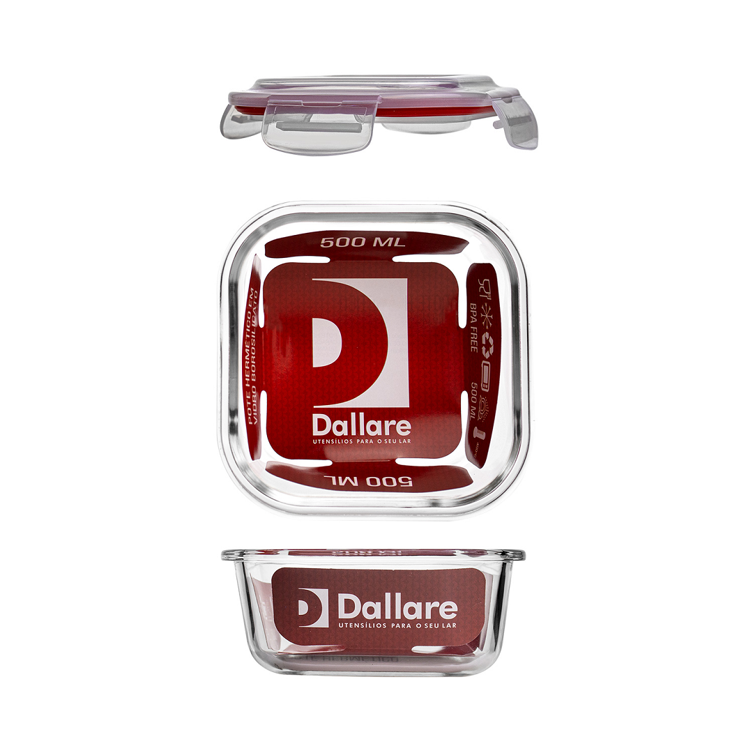Pote De Vidro Hermético Quadrado Com Tampa 500ml - Dallare - Dl1594